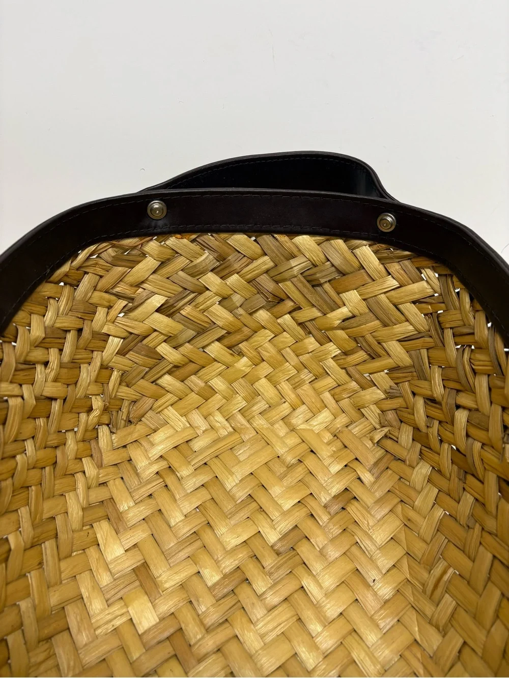 Woven Straw Handled Basket with Dark Brown Leather Trim 14x10x6.5”